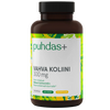 Puhdas+ Vahva Koliini 300 mg; tummanruskea pullo, jossa teksti "puhdas+ VAHVA KOLIINI 300 mg" ja vihreä-keltaisia korosteita; etiketissä mainitaan tuotteen olevan vegaaninen ravintolisä suomeksi; pullo on sylinterinmuotoinen valkoisella kierrekorkilla, groteskitekstiä, mattapinta; tausta valkoinen, ei ihmisiä tai käsiä; tuotekuva suoraan edestä.