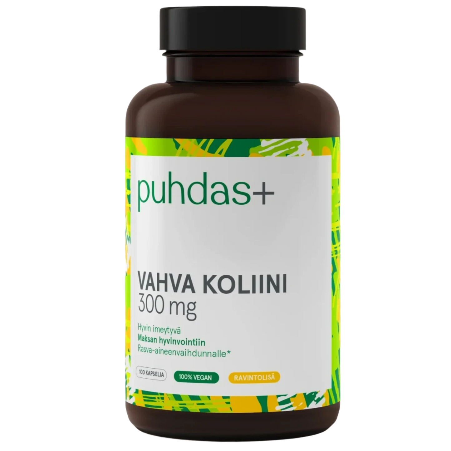 Puhdas+ Vahva Koliini 300 mg; tummanruskea pullo, jossa teksti "puhdas+ VAHVA KOLIINI 300 mg" ja vihreä-keltaisia korosteita; etiketissä mainitaan tuotteen olevan vegaaninen ravintolisä suomeksi; pullo on sylinterinmuotoinen valkoisella kierrekorkilla, groteskitekstiä, mattapinta; tausta valkoinen, ei ihmisiä tai käsiä; tuotekuva suoraan edestä.