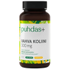 Puhdas+ Vahva Koliini 300 mg; purkki, värikäs vihreä-keltavalkoinen etiketti, jossa mainitaan vegaaninen kaava ja 60 kapselia puhdasta koliinia; pullo on sylinterinmuotoinen, valkoinen mattapintainen muovi, valkoinen kierrekorkki; etiketissä groteskitekstiä eri painoin tuotenimestä, annostuksesta, vegaanisuudesta ja kapselimäärästä; ei ihmisiä tai käsiä, tausta yksinkertainen ja tasaisesti valaistu, kuva suoraan edestä silmän korkeudelta.