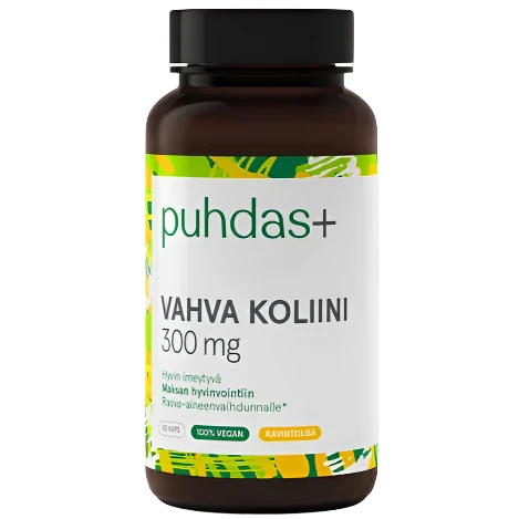 Puhdas+ Vahva Koliini 300 mg; purkki, värikäs vihreä-keltavalkoinen etiketti, jossa mainitaan vegaaninen kaava ja 60 kapselia puhdasta koliinia; pullo on sylinterinmuotoinen, valkoinen mattapintainen muovi, valkoinen kierrekorkki; etiketissä groteskitekstiä eri painoin tuotenimestä, annostuksesta, vegaanisuudesta ja kapselimäärästä; ei ihmisiä tai käsiä, tausta yksinkertainen ja tasaisesti valaistu, kuva suoraan edestä silmän korkeudelta.