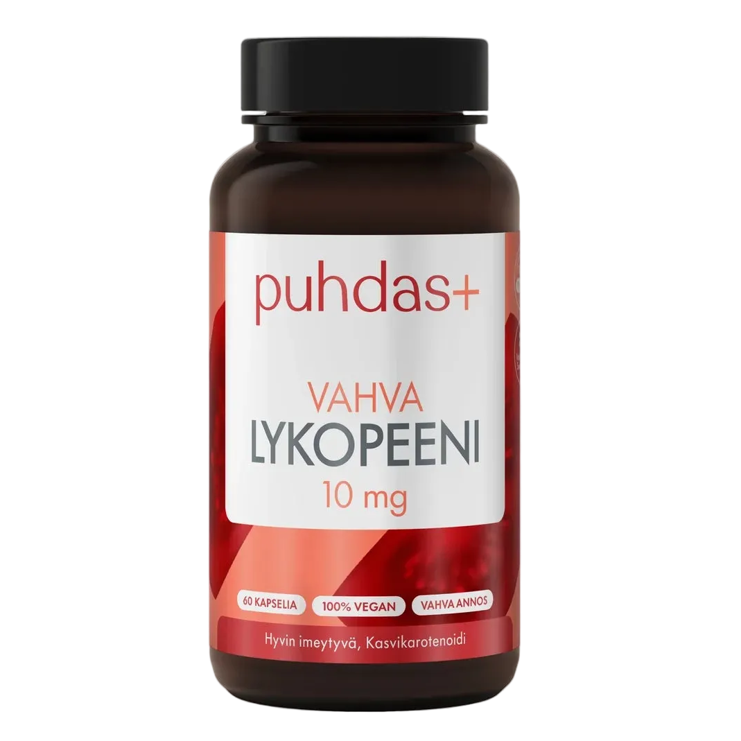Puhdas+ Vahva Lykopeeni 10 mg: ruskea sylinterimäinen muovipurkki mattapinnalla ja valkoisella korkilla; valkoisessa etiketissä punaisia korostuksia ja moderni groteskikirjasin; etiketissä teksti "puhdas+ Vahva Lykopeeni 10 mg" sekä maininnat 60 kapselista, 100 % vegaanisesta koostumuksesta ja vahvasta lykopeeniannoksesta; tausta on valkoinen, ei ihmisiä tai käsiä näkyvissä.