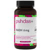 A bottle of Puhdas+ NADH 6 mg supplement with a colorful Finnish label, containing 50 vegan capsules. White plastic bottle with a matte surface and cylindrical shape. Label has multicolored geometric elements and legible product name in clear, sans-serif font. Neutral background. No people or hands present. Straight-on product photo composition.