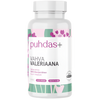 Puhdas+ Vahva Valeriaana 300 mg; valkoinen lieriömäinen muovipullo mattapinnalla ja kierrekorkilla; etiketissä teksti ”puhdas+ Vahva Valeriaana” tikkukirjasimella sekä monivärinen kukkakuvitus; lisätekstissä mainittu vegaaninen, kasviperäinen koostumus ja 60 kapselia; tuote kuvattu tasaisella taustalla.