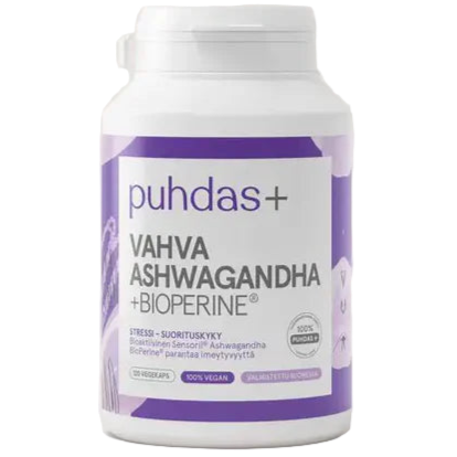 Puhdas+ Vahva Ashwaganda + BioPerine; valkoinen ja violetti pullo suomenkielisellä tekstillä, jossa mainitaan BioPerine-ainesosa, kuvattuna valkoisella taustalla; muovipullo mattapintainen, sylinterinmuotoinen, valkoinen kierrekorkki, tuotenimi lohkomaisella groteskikirjasimella; näkyvissä vain pullon etupuoli, ei ihmisiä tai muita esineitä.