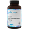 Puhdas+ Vahva Hyaluronihappo 100 mg; ruskea pullo tekstillä ”puhdas+ VAHVA HYALURONIHAPPO 100 mg”, etiketissä sininen ja violetti kuviotausta; pullo mattamusta kierrekorkki, lieriömäinen muoto ja läpinäkyvä lasirunko; teksti selkeällä groteskifontilla, etiketissä merkintä ”100% VEGAN”; ei ihmisiä tai käsiä; tuote tasaisella valkoisella taustalla suoraviivaisessa tuotekuvassa.