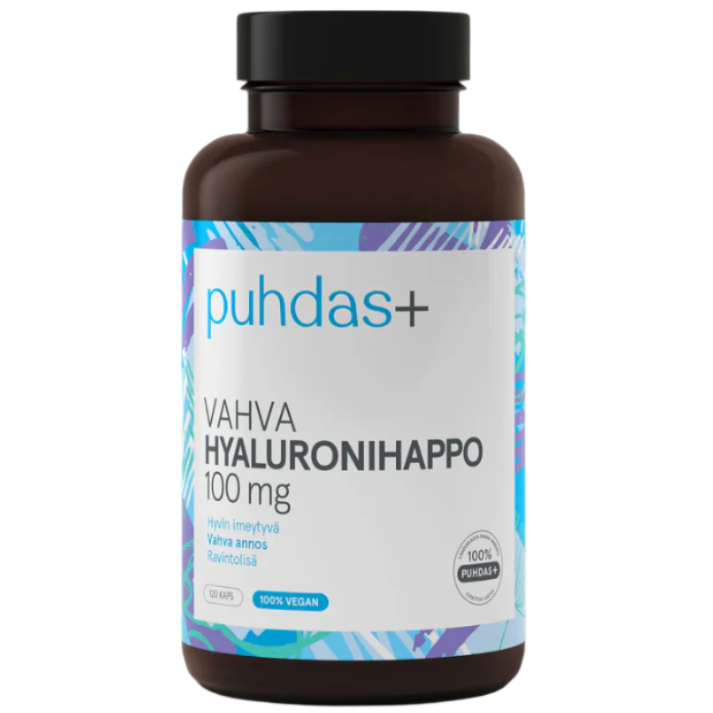 Puhdas+ Vahva Hyaluronihappo 100 mg; ruskea pullo tekstillä ”puhdas+ VAHVA HYALURONIHAPPO 100 mg”, etiketissä sininen ja violetti kuviotausta; pullo mattamusta kierrekorkki, lieriömäinen muoto ja läpinäkyvä lasirunko; teksti selkeällä groteskifontilla, etiketissä merkintä ”100% VEGAN”; ei ihmisiä tai käsiä; tuote tasaisella valkoisella taustalla suoraviivaisessa tuotekuvassa.