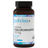 Puhdas+ Vahva Hyaluronihappo 100 mg; ruskea pullo tekstillä ”puhdas+ vahva hyaluronihappo 100 mg”, sininen ja violetti kuviointi, merkitty 100 % vegaaniseksi hyaluronihappolisäksi, 60 kapselia; muovipullo mattapinnalla ja lieriömäisellä muodolla; etiketissä lihavoitua groteskitekstiä valkoisena ja tummansinisenä värillisillä nauhoilla; tausta tasainen valkoinen, ei ihmisiä tai muita esineitä; studiotuotekuva.