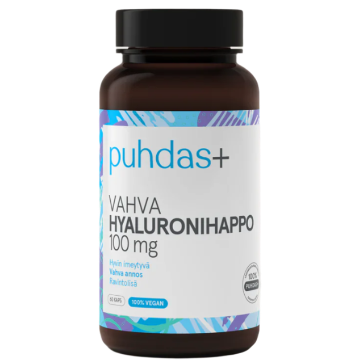 Puhdas+ Vahva Hyaluronihappo 100 mg; ruskea pullo tekstillä ”puhdas+ vahva hyaluronihappo 100 mg”, sininen ja violetti kuviointi, merkitty 100 % vegaaniseksi hyaluronihappolisäksi, 60 kapselia; muovipullo mattapinnalla ja lieriömäisellä muodolla; etiketissä lihavoitua groteskitekstiä valkoisena ja tummansinisenä värillisillä nauhoilla; tausta tasainen valkoinen, ei ihmisiä tai muita esineitä; studiotuotekuva.