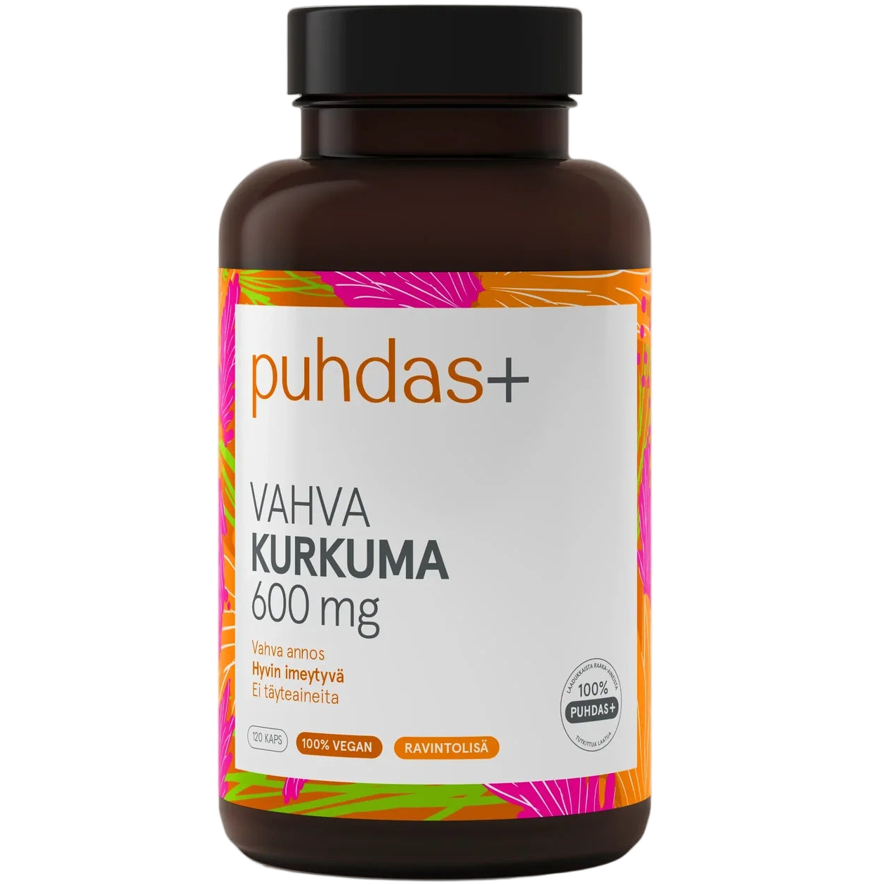 Puhdas+ Vahva Kurkuma 600 mg; ruskea pullo oranssin ja pinkin lehtikuvioinnin kera; pullo sylinterinmuotoinen mattapintainen, sinetöity valkoisella korkilla; etiketin teksti pääosin groteskikirjasimella mustan ja magentan sävyissä, sisältää maininnat "100% vegan", "ravintolisä" ja vahvasta kurkumiinipitoisuudesta; neutraali tausta, ei ihmisiä kuvassa.