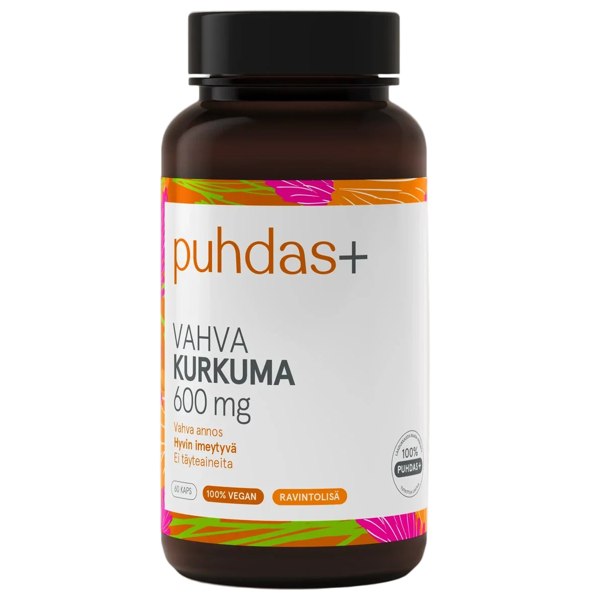 Puhdas+ Vahva Kurkuma 600 mg; ruskea pullo pystyssä valkoisella taustalla, etiketissä värikkäitä geometrisia tehosteita, selkeä groteskikirjasin, vegaani- ja ravintolisäkuvakkeet sekä suomenkielinen teksti; pakkaus sylinterinmuotoinen mattapintainen valkoisella korkilla; ei ihmisiä tai käsiä, näkyvissä vain tuotteen etupuoli.