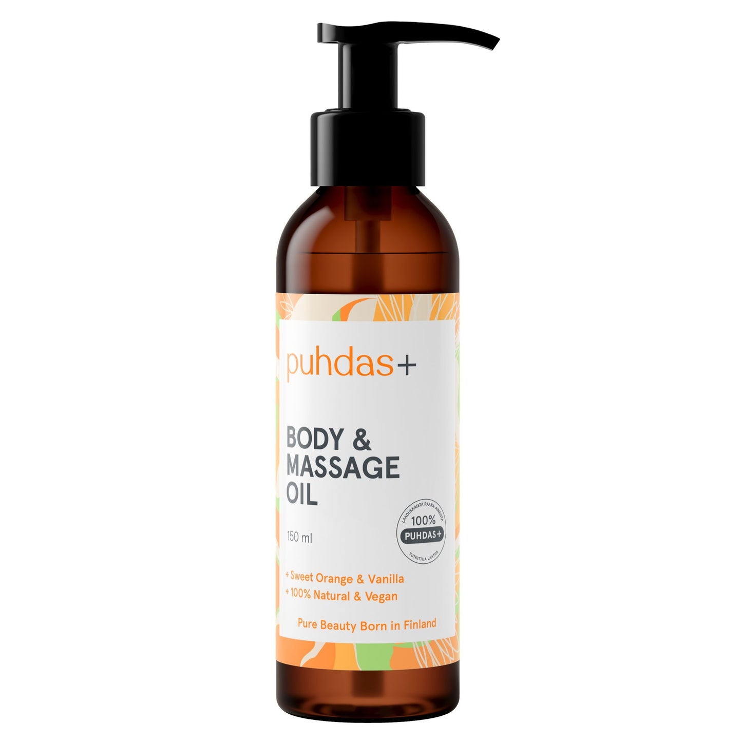 Amber bottle with pump labeled puhdas+ BODY & MASSAGE OIL. Brown transparent glass, black plastic pump, cylindrical shape. The matte white label wraps around the front and uses clear sans-serif typography. Label states sweet orange & vanilla scent, 100% natural & vegan ingredients, 150ml size, made in Finland. Product photographed against a plain background with no people or props visible.