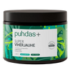 Puhdas+ Super Viherjauhe; musta muovipurkki kierrekannella ja sileällä mattapinnalla; etiketissä valkoista ja vihreää väriä sekä tyyliteltyjä viivapiirroksia kasveista; teksti yksinkertaisella, modernilla groteskifontilla; luettavissa vain ”puhdas+ Super Viherjauhe” ja ”200g vegan superfood powder”; tausta neutraali ja tasainen, tuote keskitettynä.