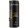 Puhdas+ Zinc+ Vitamiinivesi; musta 330 ml:n tölkki, jossa lukee puhdas+ zinc+, keltaisin ja valkoisin yksityiskohdin; sylinterinmuotoinen tölkki on mattapintainen; groteskitypografiaa käytetään kontrastissa valkoisella ja keltaisella pääteksteissä, joissa lukee Sitruuna Vitamiinivesi, Sinkki, C-Vitamiini ja Low Sugar; kuvassa vain tuote, ei ihmisiä tai muita taustaelementtejä näkyvissä.