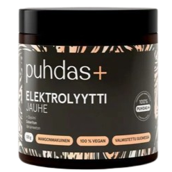 Puhdas+ Elektrolyyttijauhe Mango, purkki kuvioidulla etiketillä korostaen 100-prosenttista vegaanisuutta ja Suomessa valmistamista; purkki sylinterimäinen valkoisella muovikannella ja mattapinnalla; pääetiketissä geometrisia kuvioita sinisenä ja harmaana, mustaa groteskitekstiä ja selkeää brändäystä; tausta valkoinen, ei ihmisiä eikä esineitä näkyvissä.