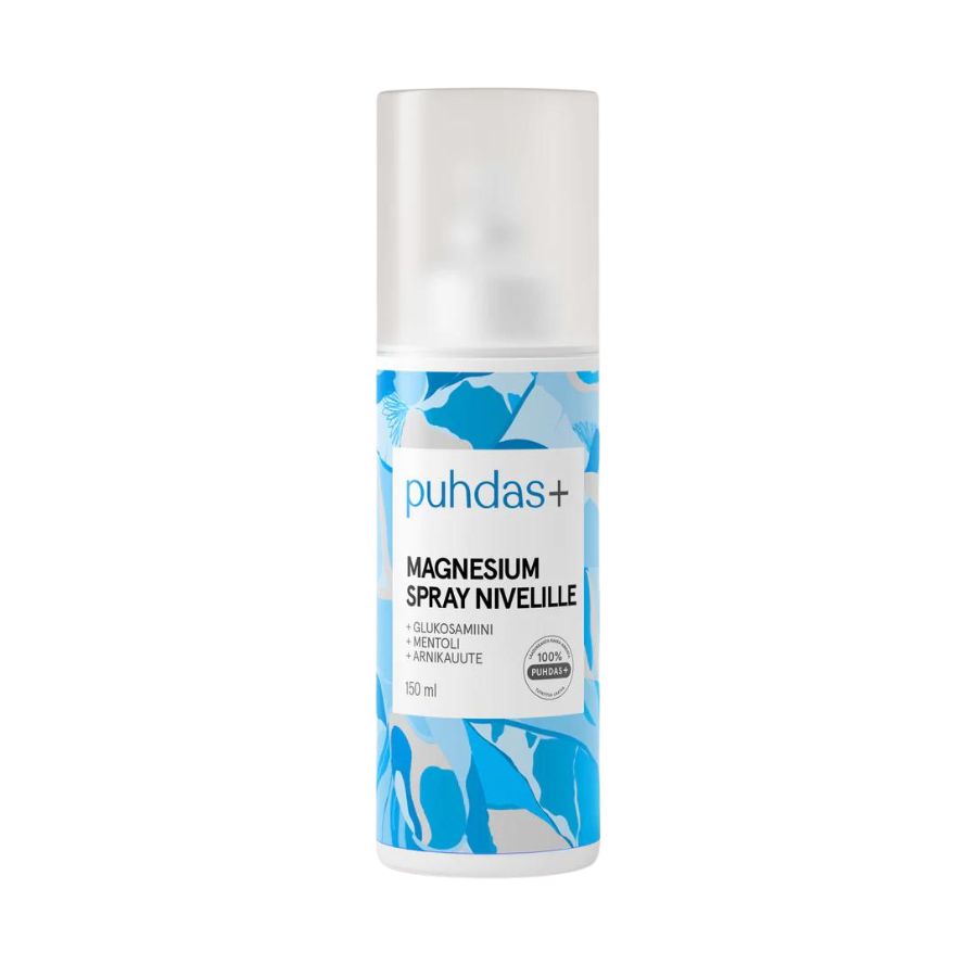 puhdas+ Magnesium Spray Nivelille -pullo, 150 ml, sininen-valkoinen abstrakti kuvio, valkoinen korkki, kiiltäväpinta; nivelten tueksi glukosamiinin, mentolin, arnikan ja magnesiumin kera, tummansininen groteskiteksti