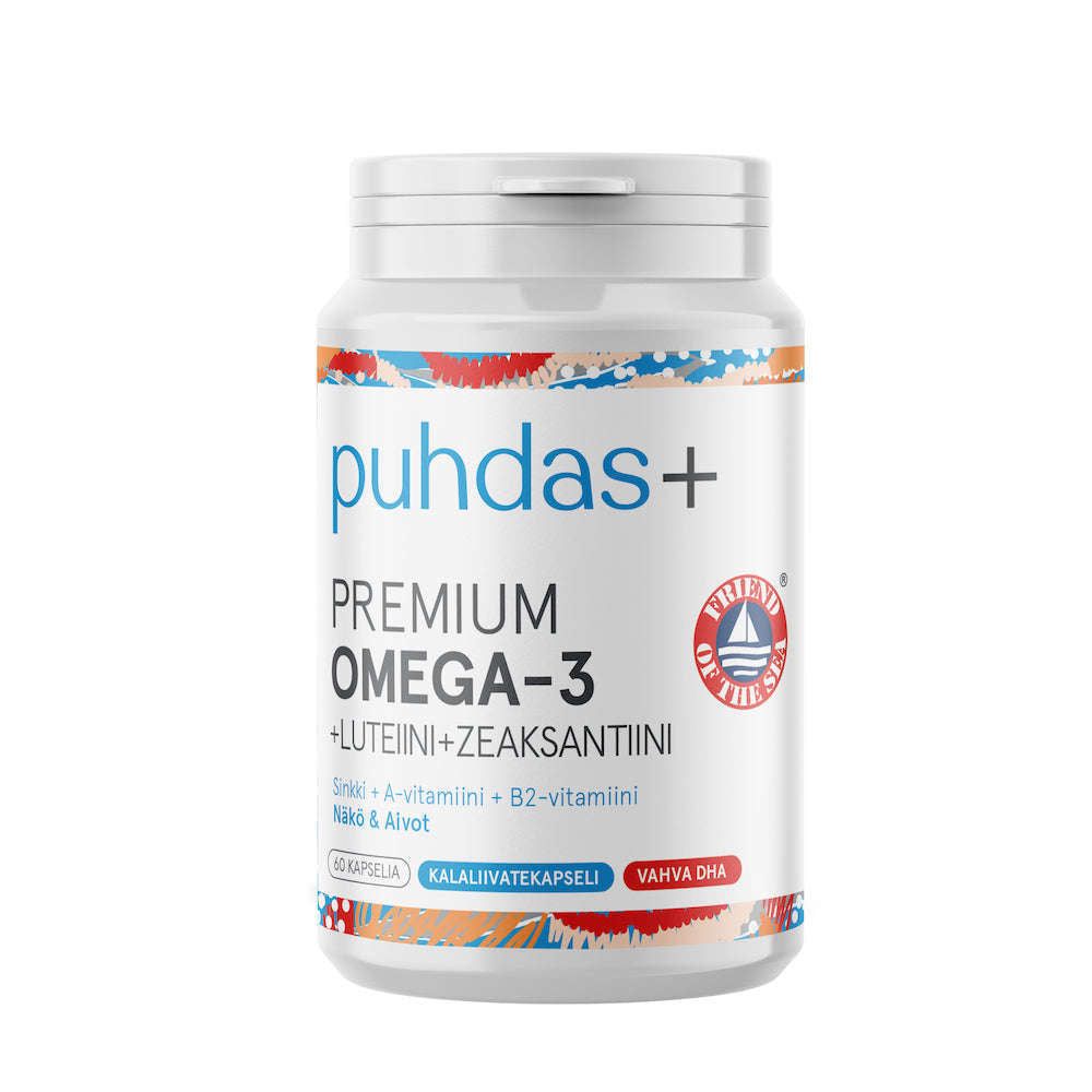 Puhdas+ Premium Omega-3 + Luteiini + Zeaksantiini; valkoinen muovipullo tekstillä "Puhdas+ Premium Omega-3" mattapintaisena; sylinterinmuotoisessa pullossa sininen ja oranssi etiketti tuotetiedoin, "EU:ssa testattu" -leima sekä selkeä luettava groteskikirjasin; ei ihmisiä tai käsiä kuvassa, tausta pelkistetty ja neutraali; selkeä suoraan edestä otettu tuotekuva.