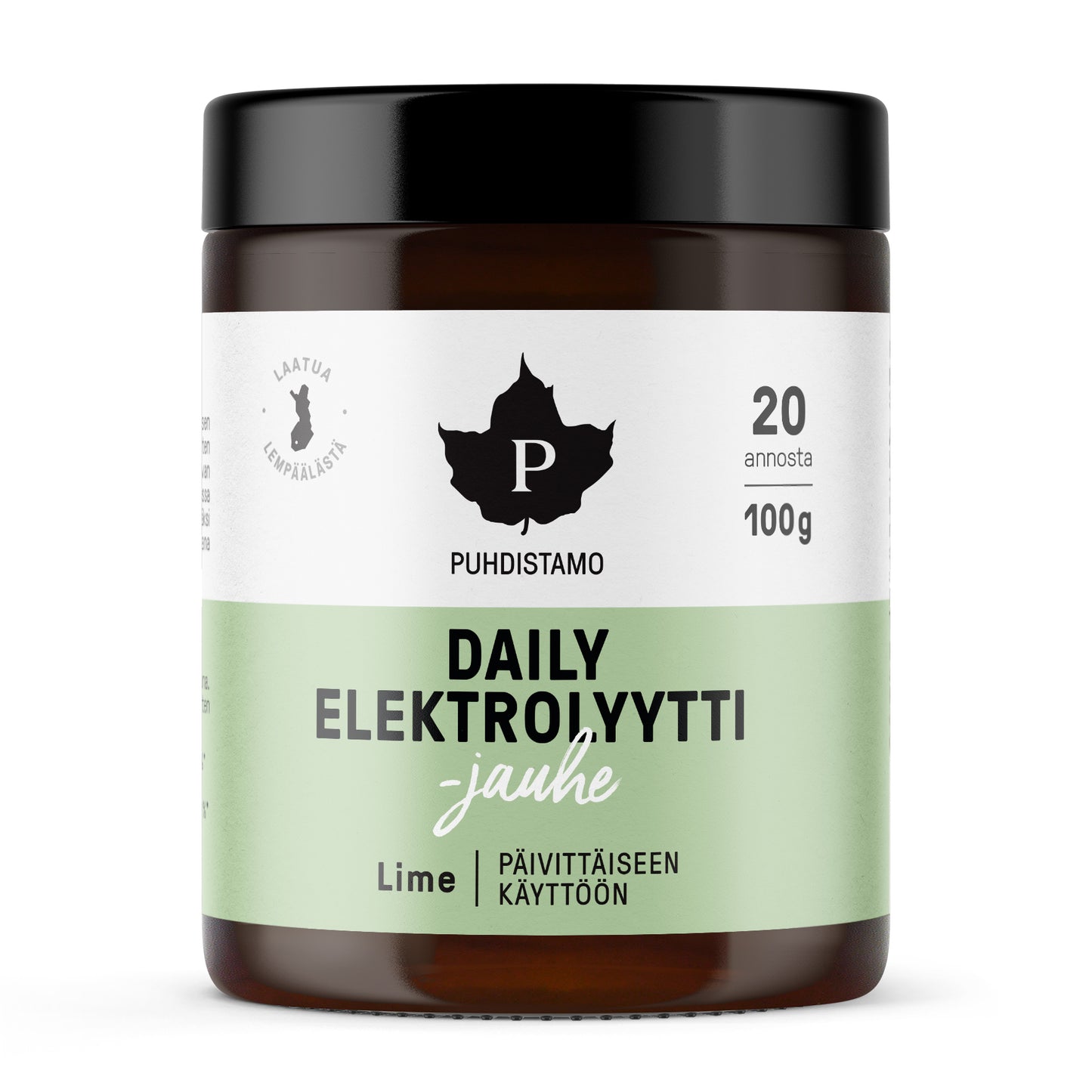 Lieriömäinen purkki mustalla mattakannella ja valkoisella rungolla; etiketissä lukee Puhdistamo Daily Elektrolyyttijauhe Lime, sisältö 100 g ja 20 annosta raikkaan limetin makuista elektrolyyttijauhetta päivittäiseen käyttöön; etikettisuunnittelu on minimalistinen, lihavoitua groteskikirjasinta mustana ja vihreänä valkoisella pohjalla; ei ihmisiä tai käsiä näkyvissä, tausta yksinkertainen, tuote kuvattu suoraan edestä.