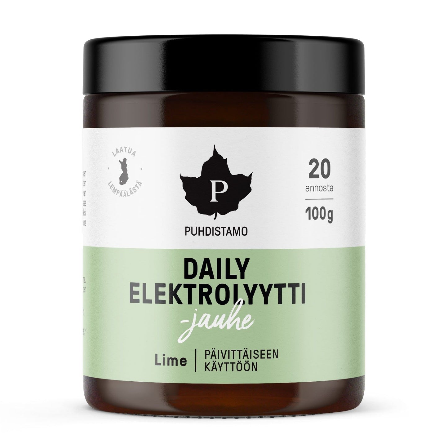 Lieriömäinen purkki mustalla mattakannella ja valkoisella rungolla; etiketissä lukee Puhdistamo Daily Elektrolyyttijauhe Lime, sisältö 100 g ja 20 annosta raikkaan limetin makuista elektrolyyttijauhetta päivittäiseen käyttöön; etikettisuunnittelu on minimalistinen, lihavoitua groteskikirjasinta mustana ja vihreänä valkoisella pohjalla; ei ihmisiä tai käsiä näkyvissä, tausta yksinkertainen, tuote kuvattu suoraan edestä.