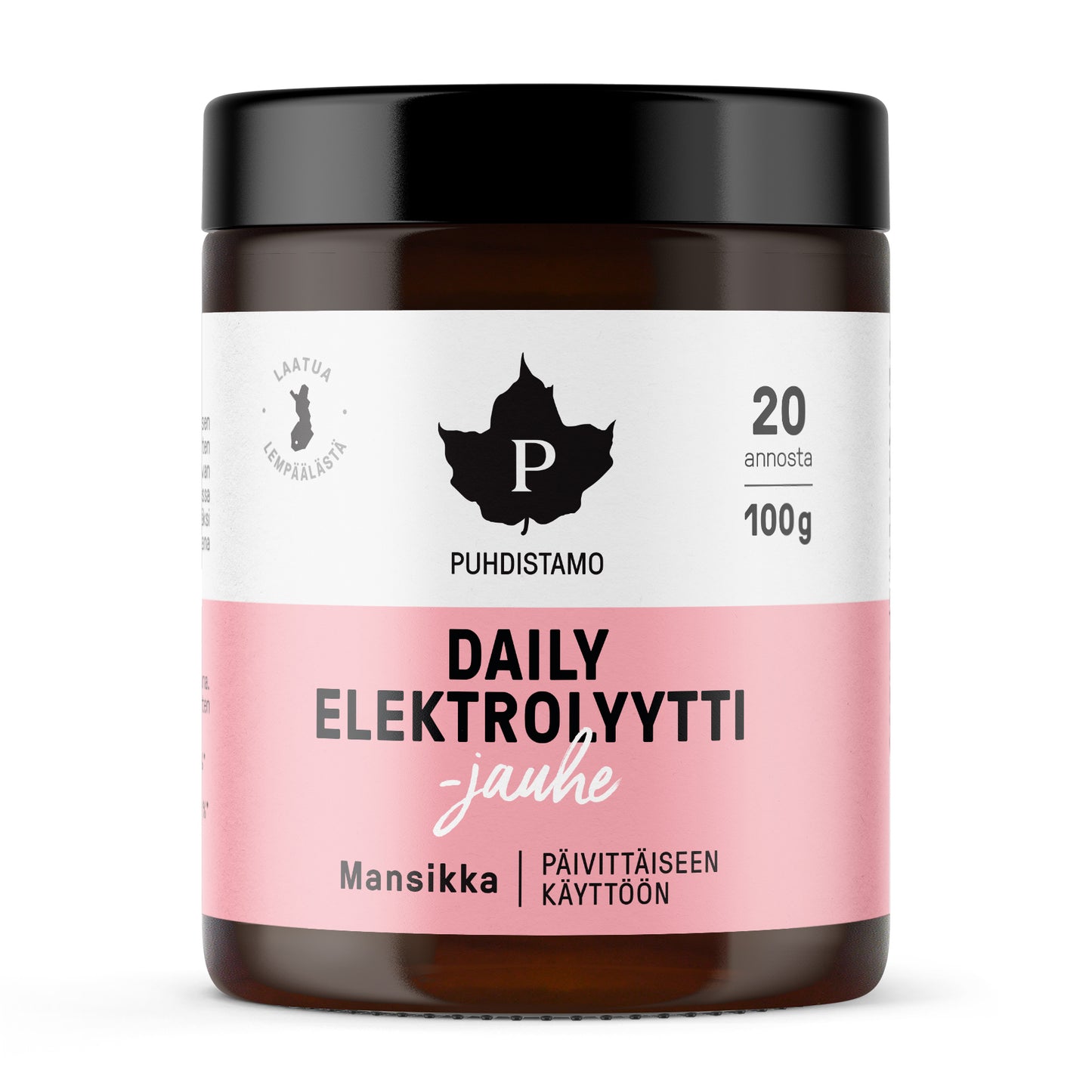 Purkki, jossa lukee Puhdistamo Daily Elektrolyyttijauhe vaaleanpunaisella nauhalla, sisältö 100 g (20 annosta) mansikanmakuista elektrolyyttijauhetta päivittäiseen käyttöön; purkki on lieriömäinen ja valkoinen mattapinnalla, päällä valkoinen kierrekorkki; etiketissä lihavoitua mustaa ja valkoista tekstiä, osa tiedoista vaaleanpunaisella; ei ihmisiä tai käsiä näkyvissä; tausta valkoinen, kuva otettu edestä.