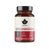 A brown bottle labeled Earth Ashwagandha by Puhdistamo with 120 capsules. The white label features red and black text, a maple leaf logo, circular icons, and clear, sans-serif typography. Capsule count is shown numerically. The bottle is cylindrical with a black screw cap and has a matte finish. The background is plain white with no visible setting or people. Ashwagandha is highlighted as the key ingredient.