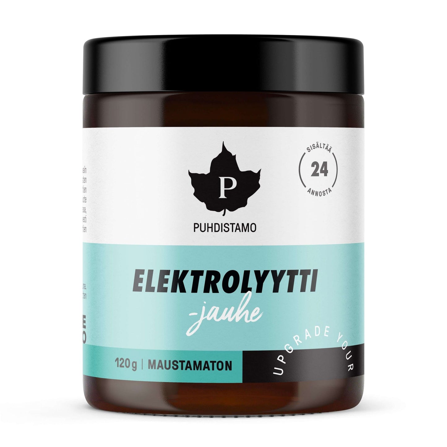 Puhdistamo Elektrolyyttijauhe Maustamaton; purkki valkoisella ja turkoosilla etiketillä, musta muovinen kansi, etuosassa teksti "120g Maustamaton" selkeällä groteskifontilla; pakkaus lieriömäinen, mattapintainen; tuote kuvattu vaalealla, kevyellä taustalla, ei ihmisiä tai käsiä.