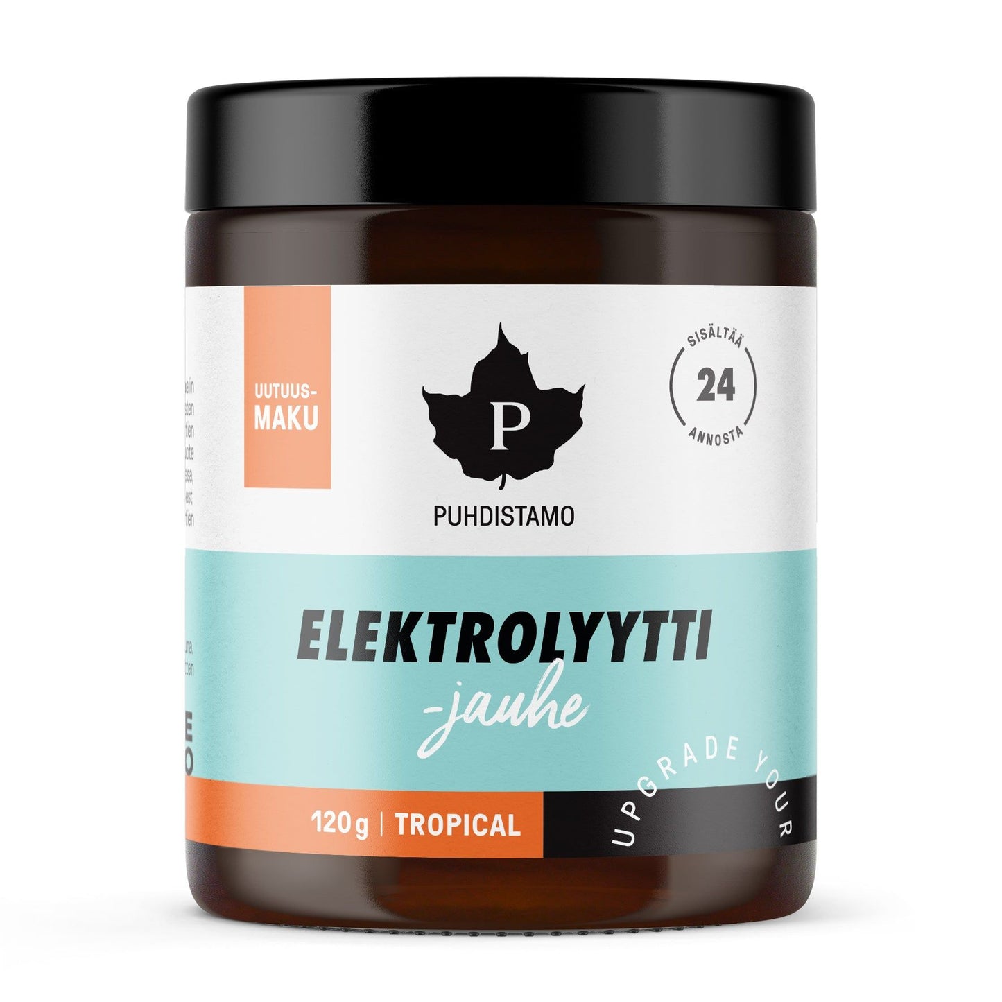 A jar of Puhdistamo Elektrolyytti-jauhe, a tropical-flavored electrolyte powder, with a vibrant white, orange, and teal label displaying product details in Finnish and highlighting its refreshing electrolytes. The container is cylindrical plastic with a glossy finish and screw-on lid. Bold sans-serif fonts are used on the label. The background is plain white and there are no people or objects in the shot.