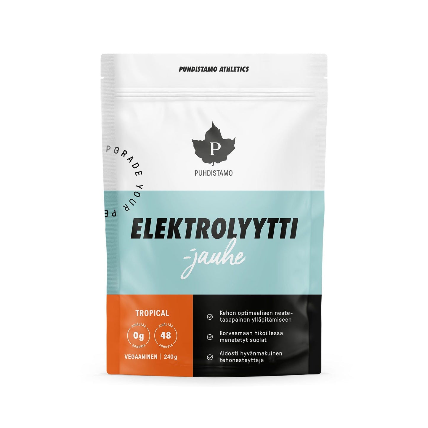A white, teal, and black pouch labeled Puhdistamo Elektolyytti jauhe with orange details, indicating its a tropical-flavored vegan electrolyte powder, 240g, with 0g sugar and 48 servings. The pouch has a matte finish and features bold sans-serif typography on the front. The package is upright against a plain background in a well-lit product shot without people or additional objects.