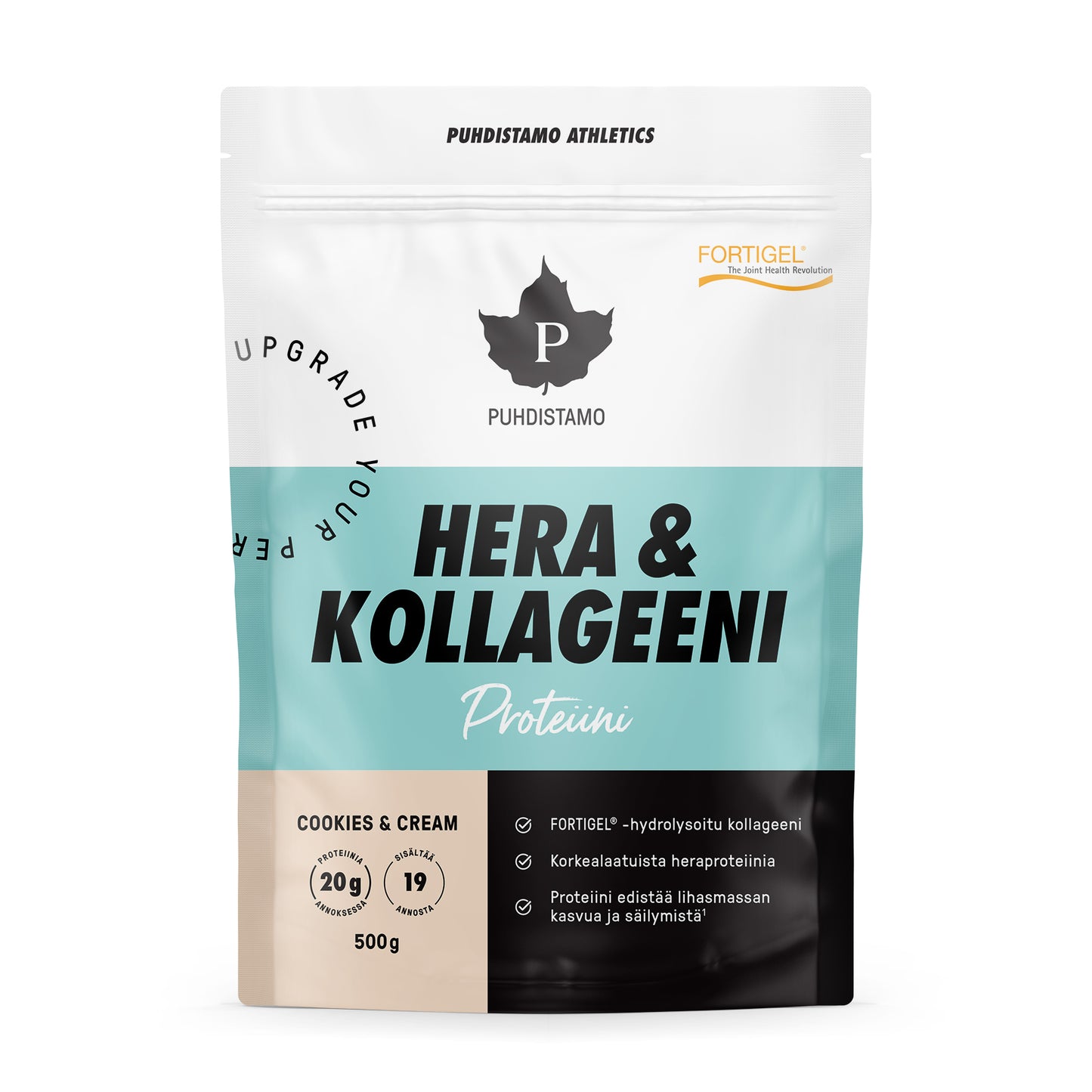 Puhdistamo Hera & Kollageeni Cookies & Cream; 500 gramman Puhdistamo Hera & Kollageeni -proteiinijauhepussi, cookies & cream -maku, pakkaus mustassa, valkoisessa ja sinivihreässä värissä suomenkielisellä tekstillä sekä proteiini- että kollageenipitoisuudesta; pussi kiiltopintainen, tasapohjainen ja uudelleensuljettava; groteskikirjasimia eri lihavuuksin; valkoinen tausta, ei ihmisiä.