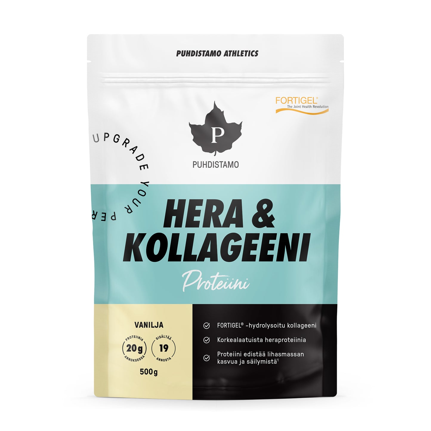 Puhdistamo Hera & Kollageeni Vanilja; 500 gramman Puhdistamo Athletics -proteiinijauhepussi tekstillä Hera & Kollageeni Vanilja, merkintä 20 g proteiinia annosta kohti ja hydrolysoitua Fortigel-kollageenia; pakkaus yksinkertainen valkoinen, sinivihreä ja musta; seisova matta pussi uudelleensuljettavalla yläreunalla, pääteksti lihavoidulla groteskilla; ei ihmisiä tai käsiä, neutraali tausta pehmeällä valaistuksella, tuote edestäpäin.