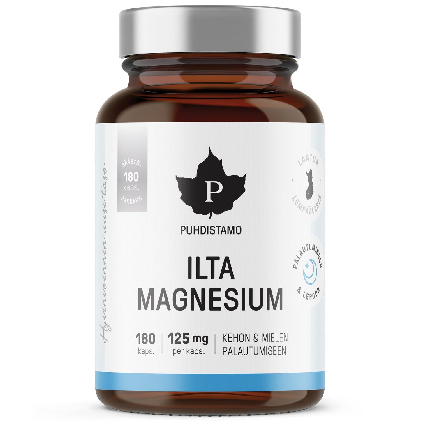 Puhdistamo Ilta Magnesium, 180 kapselia, 125 mg; ruskea lasipullo pystyssä valkoisella mattaetiketillä; teksti "PUHDISTAMO ILTA MAGNESIUM" mustalla ja sinisellä groteskityypillä; lihavoitu musta lehtikuvake yläosassa; ei ihmisiä tai käsiä; vaalea tausta, studiotyylinen tuotekuva.