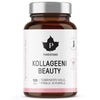 Puhdistamo Kollageeni Beauty -pullo, valkoinen mattapintainen kierrekorkki pystyssä; etusivun etiketissä lukee "Puhdistamo Kollageeni Beauty" ja merkitty 120 kapselia; typografia minimalistista, yksinkertainen lehtitunnus ja pyöreä laatusinetti; luettavassa tekstissä maininta kollageenista ja biotiinista iholle, kynsille ja hiuksille; tuote kuvattu valkoista taustaa vasten, ei ihmisiä näkyvissä.