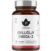 Puhdistamo Krilliöljy Omega-3 -pullo, ruskea pullo suomenkielisin tekstein, sisältää 60 kapselia; sylinterimäinen muovipullo mattapinnalla ja tummalla kierrekorkilla; valkoisessa etiketissä vihreä lehtilogo, useita yksinkertaisia ikoneja ja tekstausvapaata typografiaa; tausta valkoinen ja tasaisesti valaistu; ei ihmisiä tai käsiä näkyvissä.