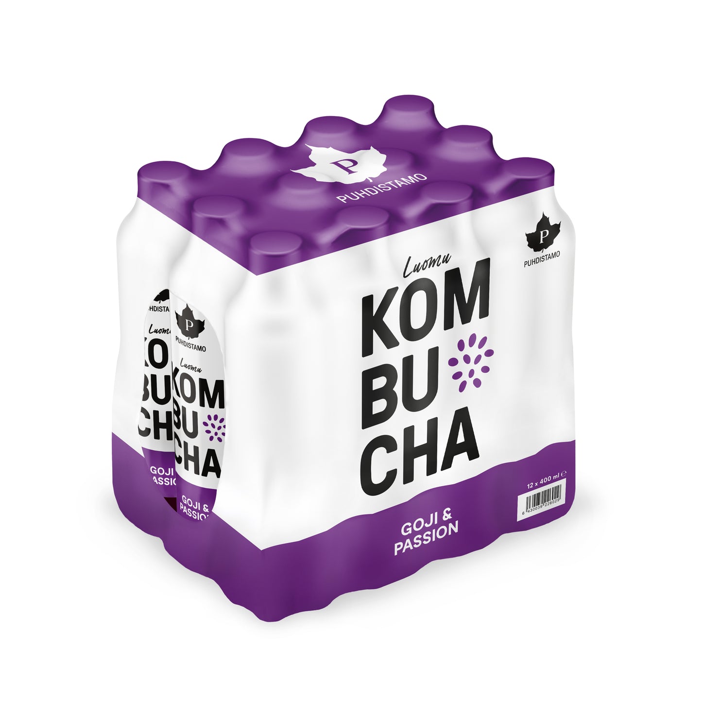 Kuuden pakkauksen setti Lemon Kombucha -tölkkejä, merkitty Goji & Passion, valkoisessa ja violetissa pakkauksessa PUNDISTANO-logolla, jossa vaahterahlehti ja kirjain P; tuote sisältää nyt myös passiohedelmää raikkaaksi lisäksi; tölkit mattapintaisia ja lieriömäisiä lihavoidulla groteskitekstillä; kuvattu yksinkertaisella taustalla studiotuotekuvassa; ei ihmisiä tai käsiä näkyvissä.