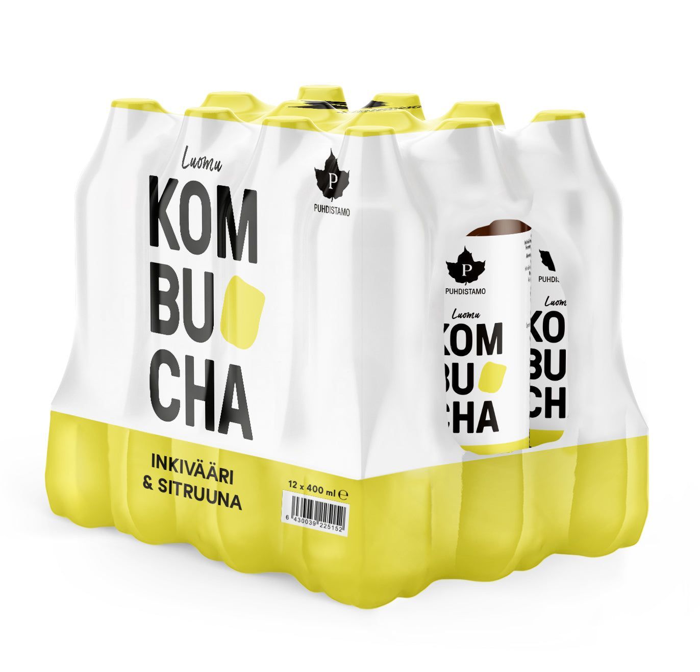 Puhdistamo Luomu Kombucha Inkivääri-Sitruuna, 12 pullon pakkaus; pullot sylinterimäisiä kirkasta lasia, valkoisilla etiketeillä, joissa suuria lihavoitua mustaa tekstiä ja keltaisia graafisia korostuksia; pullot kutistekalvon sisällä läpinäkyvässä muovissa, keltainen pakkauksen pohja näkyvissä; ei ihmisiä eikä käsiä, tausta yksinkertainen.