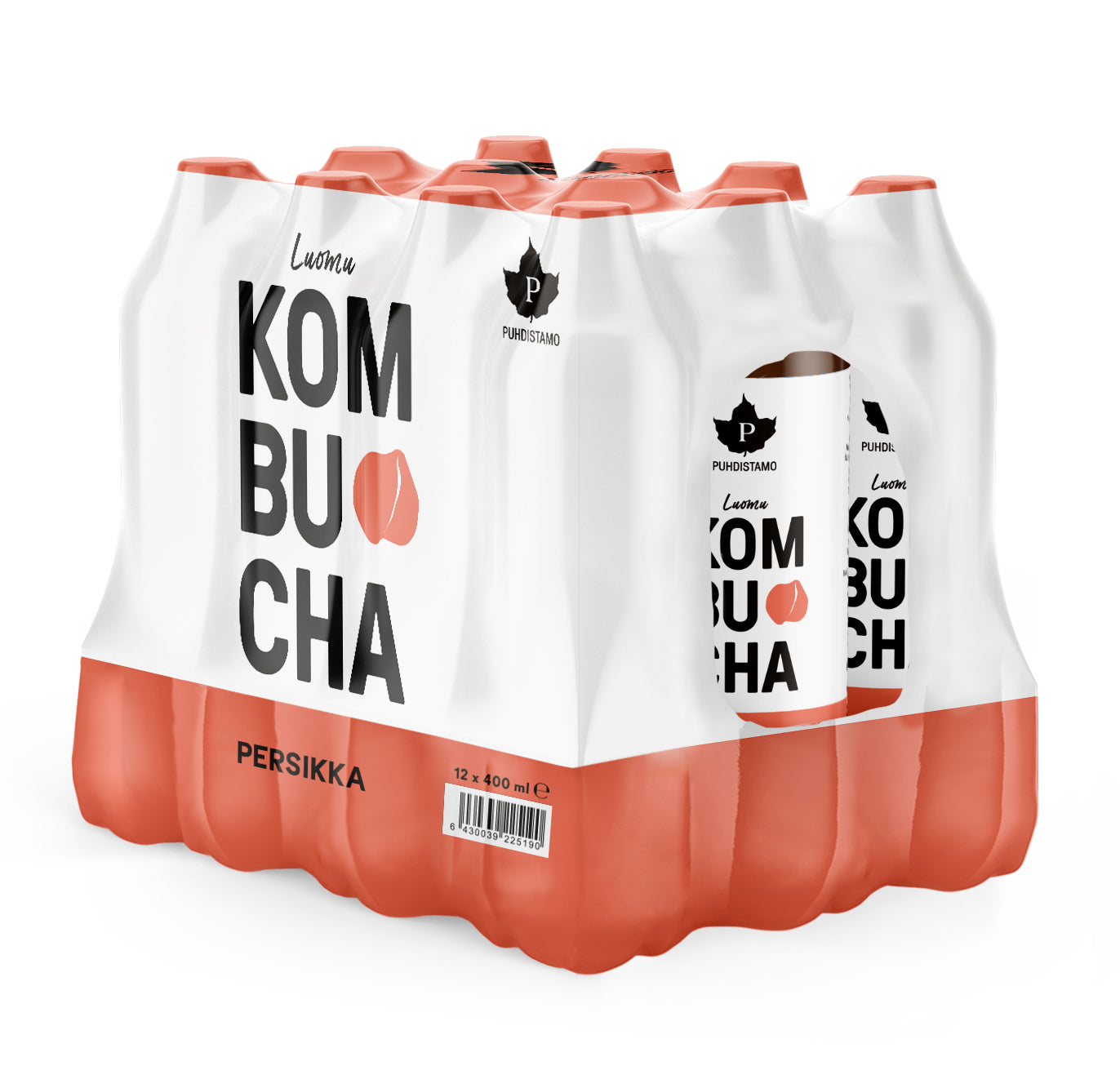 Puhdistamo Luomu Kombucha Persikka, 12 pullon pakkaus valkoisen ja persikanvärisen mattapintaisen muovikalvon sisällä; pakkauksessa lihavoitua groteskitekstiä "KOMBUCHA" ja "PERSIKKA" sekä suuri, yksityiskohtainen persikkakuvitus; yksittäisiä pulloja ei näy; tausta valkoinen, ei ihmisiä eikä rekvisiittaa kuvassa.