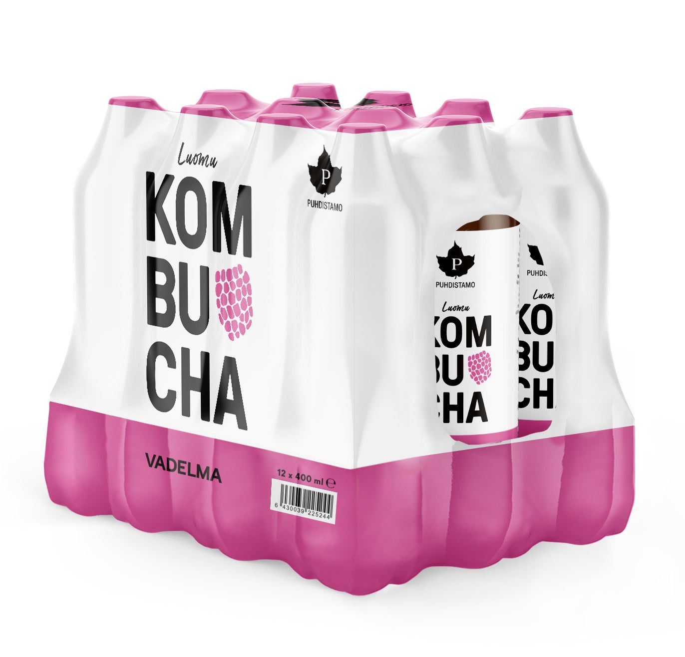A 12-pack of pink raspberry kombucha bottles wrapped in matte white packaging. The surface shows large, bold black KOMBUCHA text and a detailed raspberry graphic in bright red. VADELMA is printed at the bottom. The package shape is rectangular with sharp edges. No people or background details are visible; product only, straight-on shot.