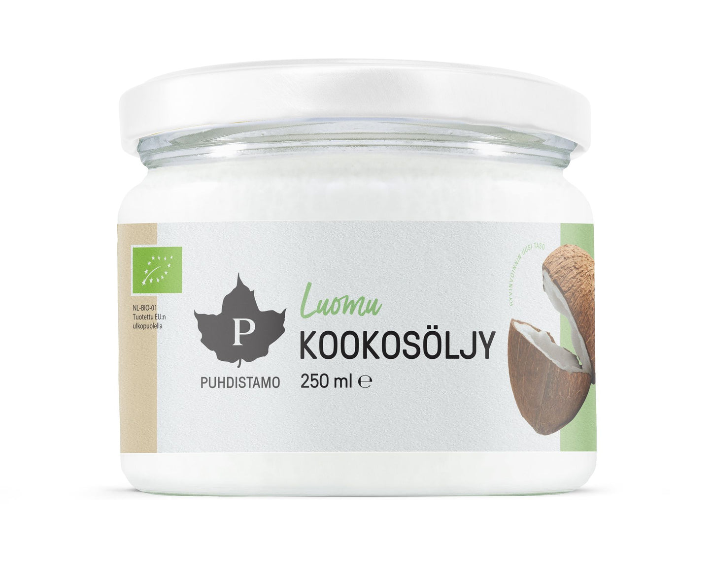 Puhdistamo Luomu Kookosöljy 250 ml -purkki; kirkas kiiltävä lasipurkki valkoisella kannella, valkoinen-ruskea etiketti lehtilogolla, suomenkielinen teksti ja halkaistun kookospähkinän kuva