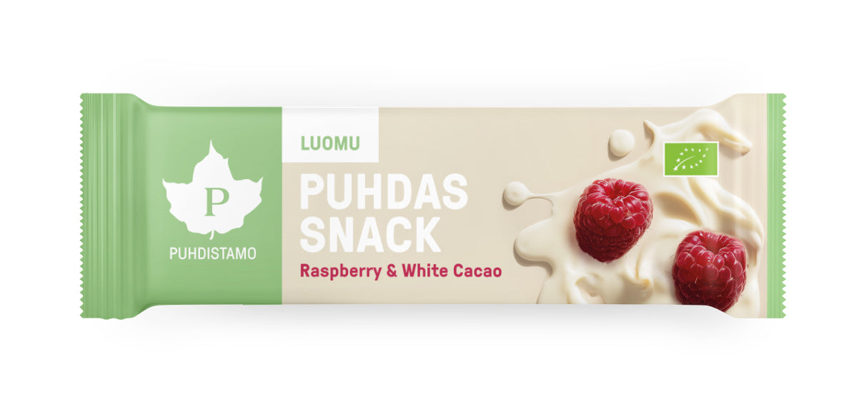 Puhdistamo Luomu Snack Raspberry & White Cacao: vihreä-beige patukkakääre mattapintaisesta muovista, suorakulmainen muoto; kääreessä tuorevadelmia ja valkosuklaaroiskeen kuvitus; suuri lihavoitu valkoinen groteskiteksti tuotenimelle sekä pienempi alateksti; tausta on neutraali, ei ihmisiä tai käsiä näkyvissä; tavanomainen tuotekuva pakkauksen etupuolesta.
