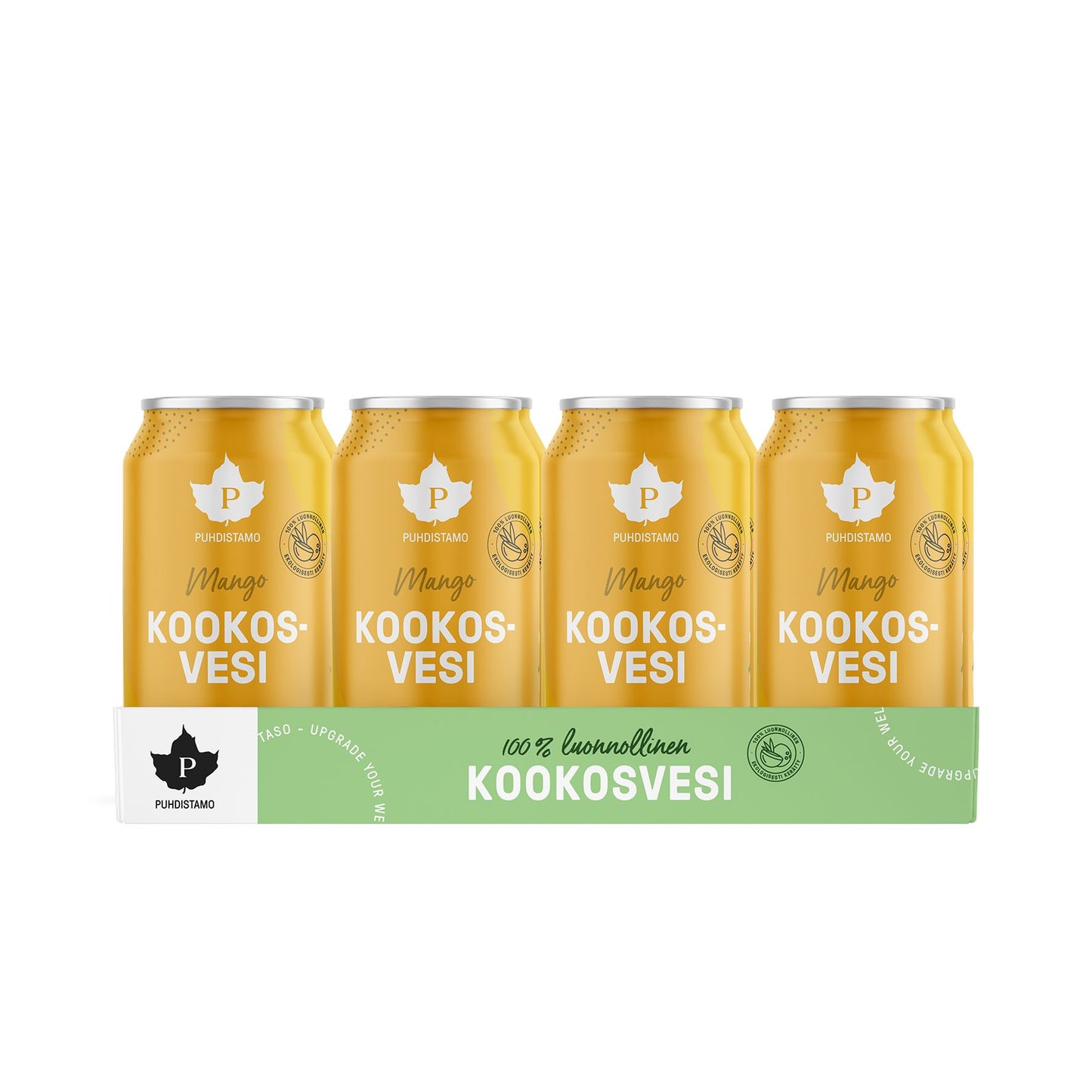Mango Kookosvesi -tölkkien 4 kappaleen pakkaus Purestandilta, keltaiset tölkit vihreässä ja valkoisessa pahvipitimessä mattapinnalla; etupuolella teksti "100% luonnollinen KOOKOSVESI" lihavoidulla tekstausvapaalla fontilla; kuva lähikuva tölkeistä ja pitimestä yksinkertaista taustaa vasten; ei ihmisiä tai käsiä näkyvissä.