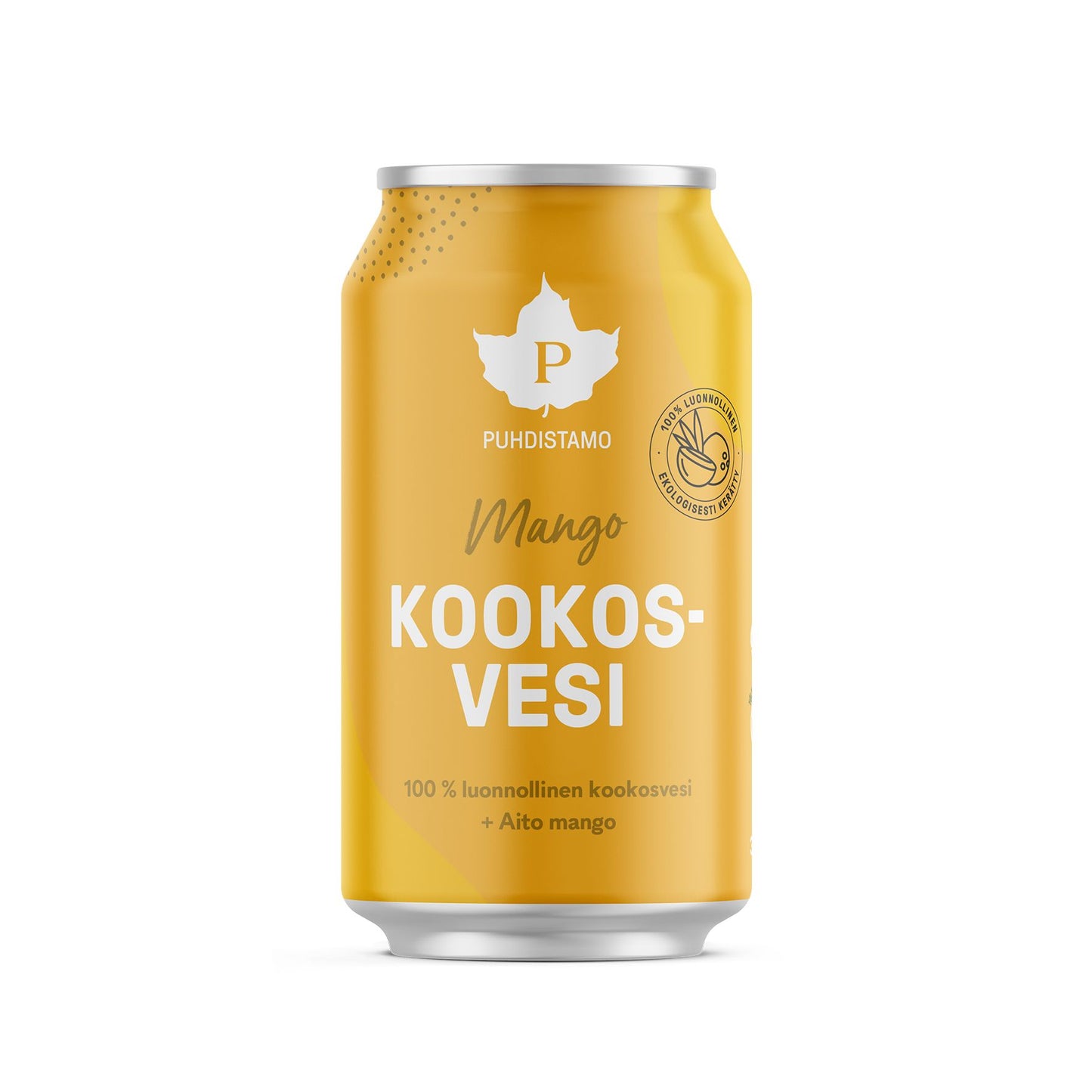 Puhdistamo Mango Kookosvesi -tölkki, suomalainen juoma yhdistäen kookosveden ja mangonmaun, esillä valkoista taustaa vasten; tölkki sylinterimäinen mattapinnalla; mustavalkoista modernia tekstausvapaata typografiaa brändinimestä ja tuotekuvauksesta pysty- ja vaakasuunnassa; ei ihmisiä tai muita esineitä kuvassa.
