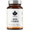 Puhdistamo Monivitamiini; ruskea pullo, sisältää 60 kapselia, korostaa 18 tärkeää vitamiinia ja kivennäisainetta; pääosin valkoinen etiketti mustalla ja oranssilla tekstillä selkeällä groteskikirjasimella; vaahterapuun lehtilogo etiketin yläosassa; pullo on sylinterinmuotoinen mattapinnalla; kuvattu valkoisella taustalla, ei ihmisiä tai käsiä näkyvissä.