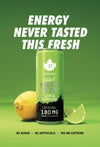 Puhdistamo Natural Energy Drink Lemon Limeade Strong; tölkki sitruunan ja limen viipaleiden välissä keltaisella taustalla; tölkki on korkea, sylinterinmuotoinen, metallinen ja mattapintainen, tuotebrändäys näkyvästi esillä lihavoidulla typografialla; yläpuolella teksti kertoo energian maistuvan tuoreemmalta kuin koskaan, korostaen sitruunan ja limen eloisia makuja ja tuotteen hyötyjä.