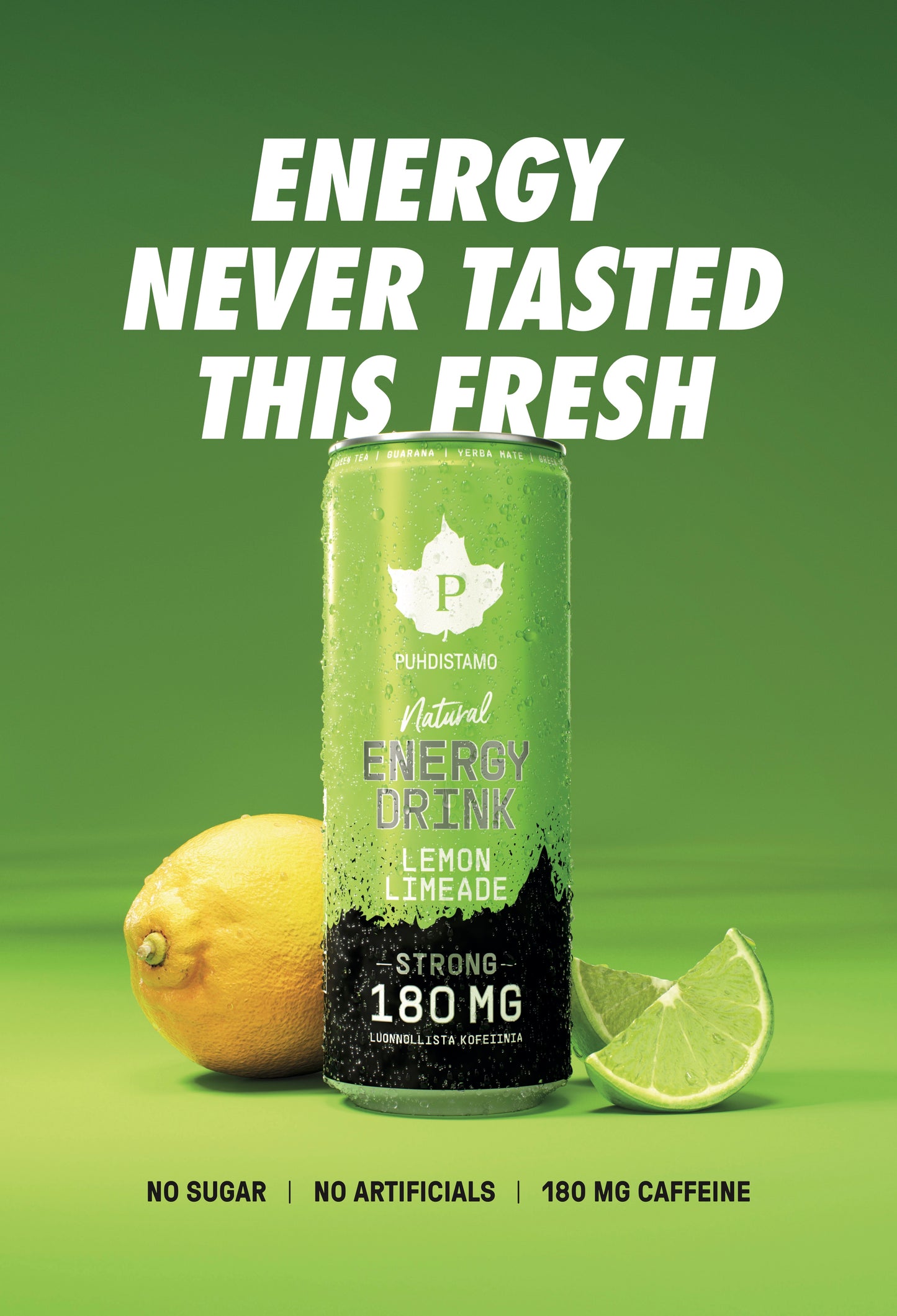 Puhdistamo Natural Energy Drink Lemon Limeade Strong; tölkki sitruunan ja limen viipaleiden välissä keltaisella taustalla; tölkki on korkea, sylinterinmuotoinen, metallinen ja mattapintainen, tuotebrändäys näkyvästi esillä lihavoidulla typografialla; yläpuolella teksti kertoo energian maistuvan tuoreemmalta kuin koskaan, korostaen sitruunan ja limen eloisia makuja ja tuotteen hyötyjä.