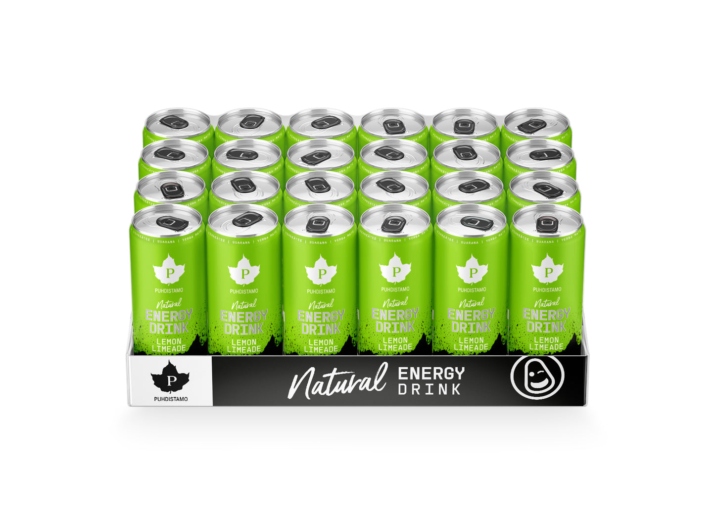 Puhdistamo Natural Energy Drink Lemon Limeade Strong; kaksikymmentäneljä vihreää tölkkiä (sitruuna-limemaku) neljässä rivissä kuudennittain avoimessa pahvitarjottimessa; tölkit ovat sylinterimäisiä mattapinnalla, valkoista isokirjaimista tekstiä etuosassa; tarjottimen etupuolella lukee "Natural Energy Drink" lihavoiduin kirjaimin; tuote vaalealla taustalla, ei ihmisiä tai käsiä näkyvissä.
