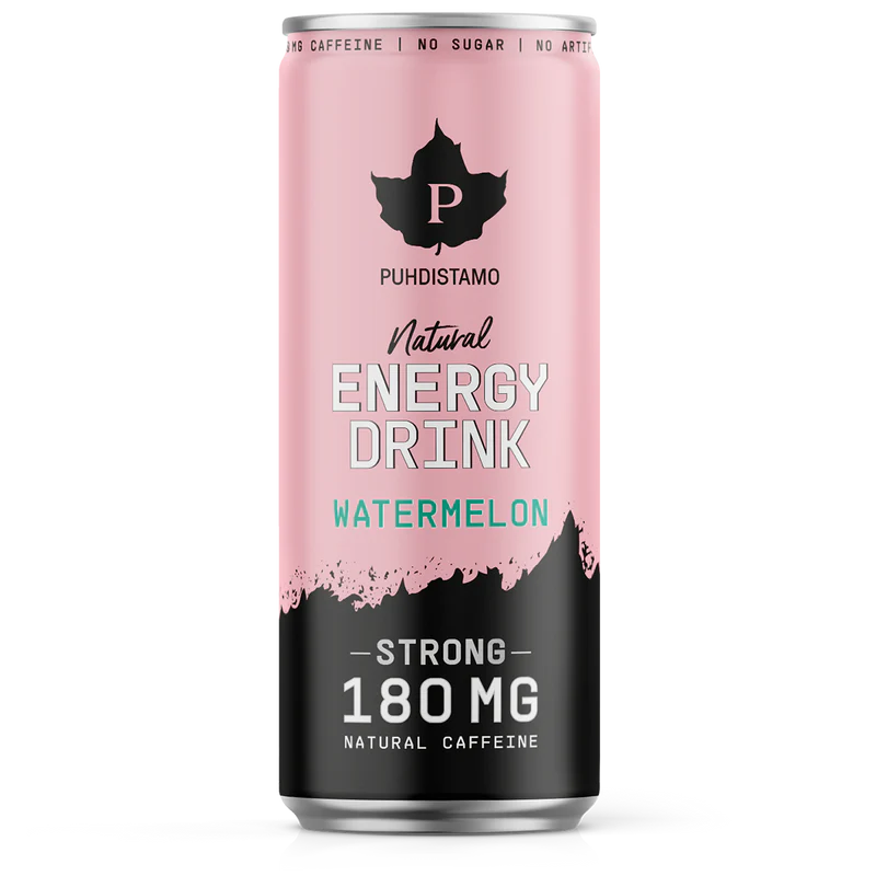 Puhdistamo Natural Energy Drink Watermelon Strong; vaaleanpunainen ja musta tölkki Puhdistamo Natural Energy Drink -juomaa vesimelonimaussa, 180 mg luonnollista kofeiinia; lieriömäinen metallitölkki mattapinnalla, suuri valkoinen lihavoitu typografia brändinimelle ja pienempi groteskiteksti alla; etusivulla mainintoja sokerittomuudesta ja keinotekoisten ainesosien puuttumisesta; ei ihmisiä tai käsiä; tausta tasainen ja neutraali, suoraviivainen tuotekuva edestä.