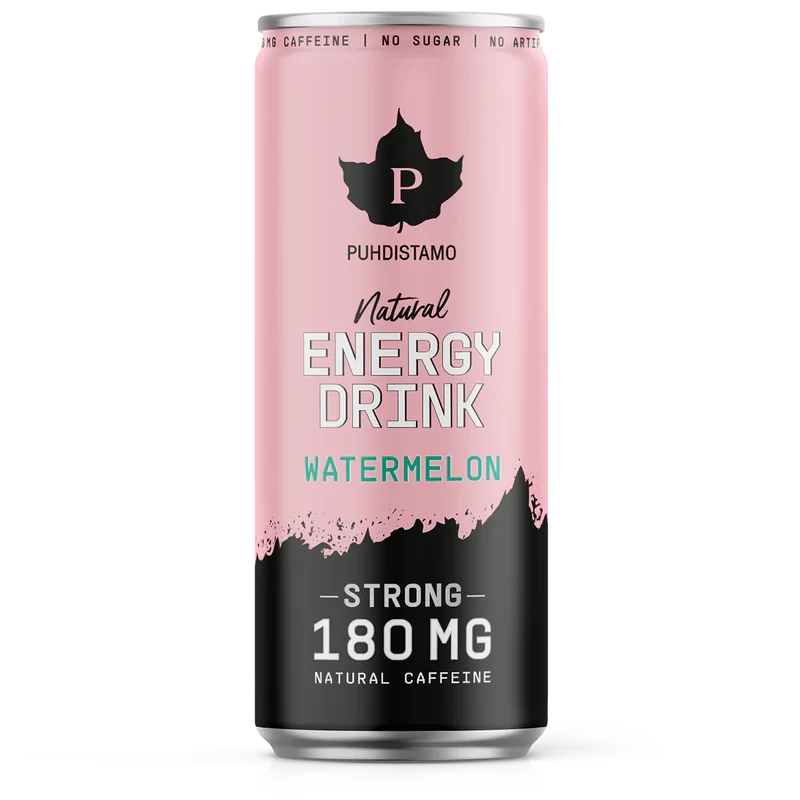 Puhdistamo Natural Energy Drink Watermelon Strong -energiajuoma, vaaleanpunainen 330 ml tölkki, 180 mg kofeiinia