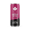 A 330ml can of Puhdistamo Natural Energy Drink, raspberry flavor. The cylindrical can is pink and black with a matte finish. Prominent white text reads “Strong 180mg.” Smaller text lists guarana and yerba mate; a white maple leaf logo is placed at the top. No people or hands are visible. Background is plain and uncluttered. Shot shows the full can upright in the frame.