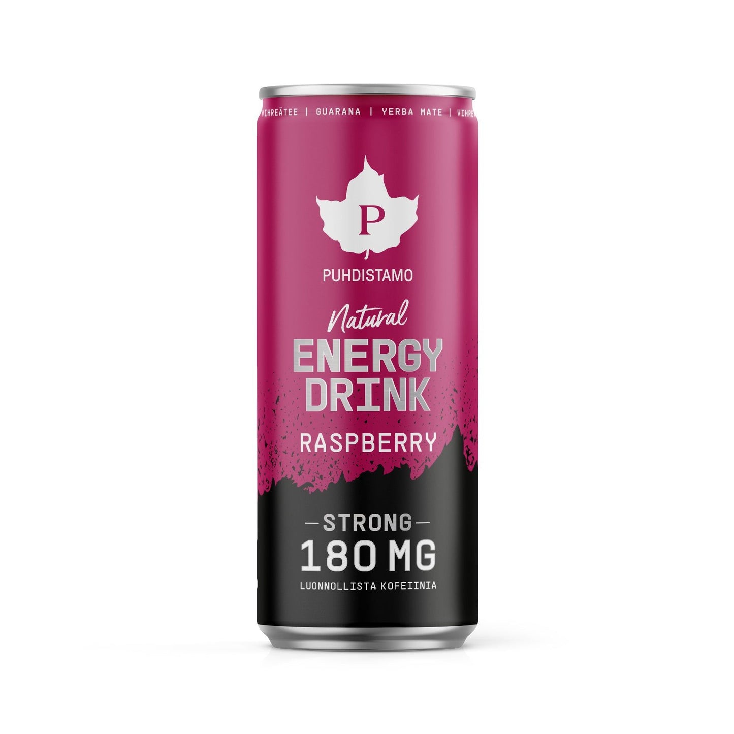 A 330ml can of Puhdistamo Natural Energy Drink, raspberry flavor. The cylindrical can is pink and black with a matte finish. Prominent white text reads “Strong 180mg.” Smaller text lists guarana and yerba mate; a white maple leaf logo is placed at the top. No people or hands are visible. Background is plain and uncluttered. Shot shows the full can upright in the frame.