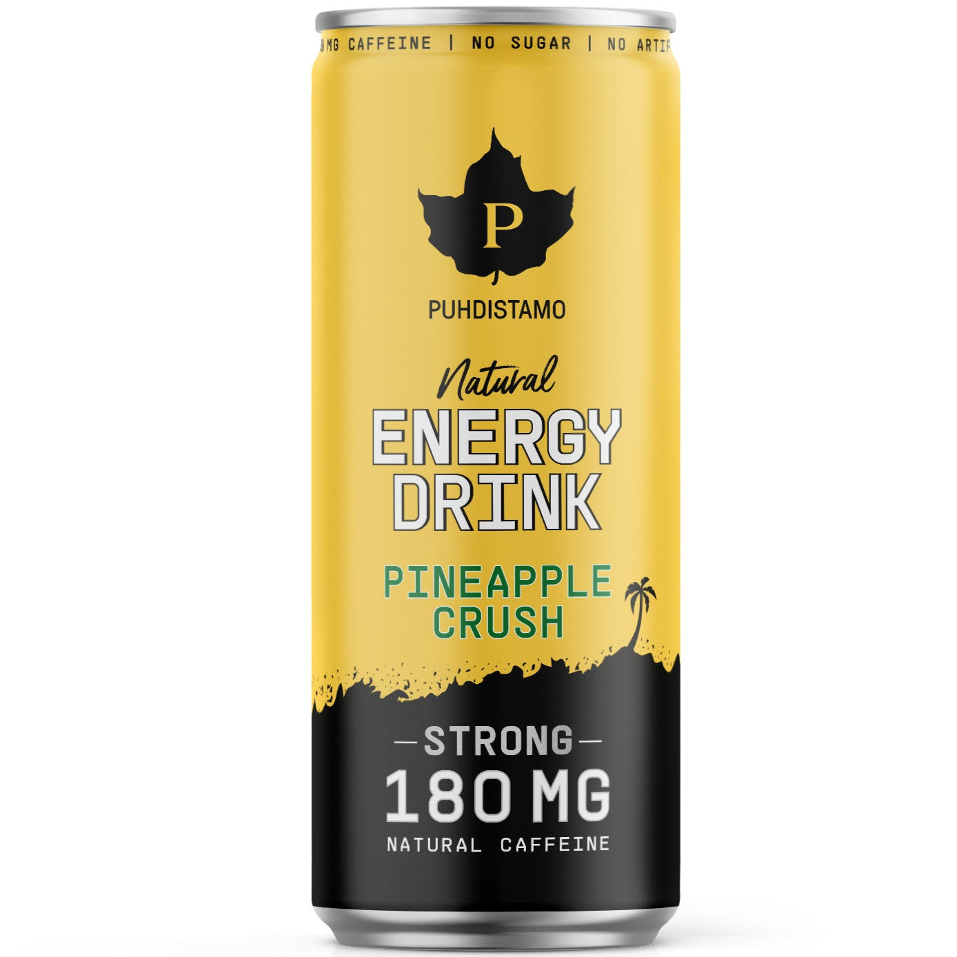 Puhdistamo Natural Energy Drink Strong Pineapple Crush; keltainen tölkki Puhdistamo Natural Energy Drink -energiajuomaa, maku Pineapple Crush, lihavaa mustaa ja turkoosia tekstiä; sisältää 180 mg luonnollista kofeiinia voimakkaan tehon takaamiseksi, tölkin alaosassa palmupuukuvitus; sylinterinmuotoinen alumiinitölkki kiiltäväpinnalla; tuotenimi groteskifontilla; tausta yksivärinen, ei ihmisiä tai toimintaa näkyvissä.