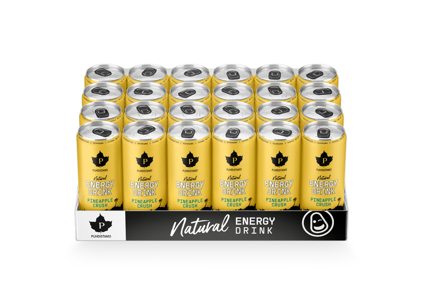 Puhdistamo Natural Energy Drink Strong Pineapple Crush; 24 kappaleen pakkaus Purgstall Pineapple Crush -luonnollisia energiajuomatölkkejä luonnollisen ananasmaun kera, aseteltu neljään riviin merkkipahvitarjottimessa mustalla ja valkoisella muotoilulla; tölkit ovat sylinterinmuotoisia metallisella pinnalla, pääväreinä keltainen ja hopea, lihavaa mustaa groteskikirjasinta; laatikossa näkyy tuotenimi; tausta valkoinen, ei ihmisiä tai käsiä näkyvissä; kuva otettu suoraan edestä.